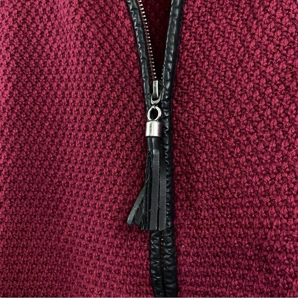 Tahari Merino Wool Knit Faux Leather Tassel Cardigan Sweater Red Black Size XS - Picture 5 of 7